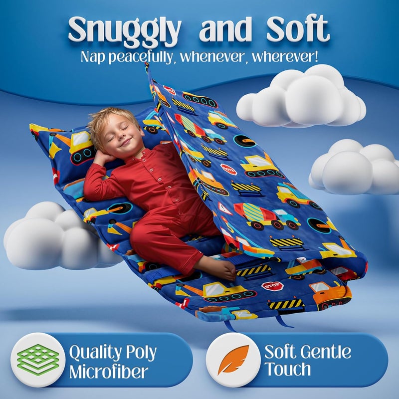 Klevly Nap Mats for Preschool Ages 3-5 | Toddler Sleep Mat | Soft & Non-Toxic Nap Mat Fabric with Pillow | Toddler Nap Mats for Daycare & Kindergarten | Construction Theme - Image 3